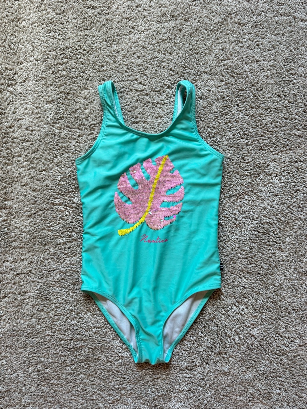 Nautica Girls One Piece Swimsuit Teal Pink Sequin Palm Leaf Bathing Suit size 6 - Picture 5 of 8